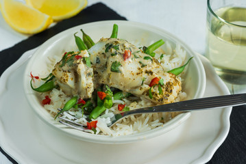 Coconut curry cod with green beans and rice