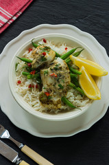 Coconut curry cod with green beans and rice