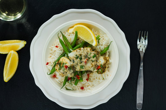 Coconut curry cod with green beans and rice