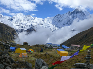Tents in Annapurna Base camp, Amazing view to Mount Machapuchare, Fishtail mountain