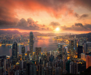 Fototapeta premium Hongkong city scape with sun and light from building