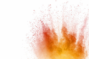 Explosion of multicolored dust on white background.