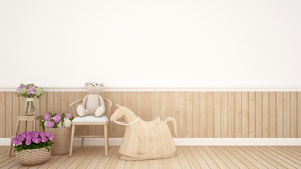 teddy bear on chair and rocking horse in kid room in nursery - Interior Design - 3D Rendering