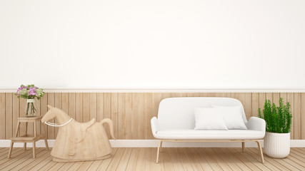 rocking horse and sofa in kid room in nursery - Interior Design - 3D Rendering