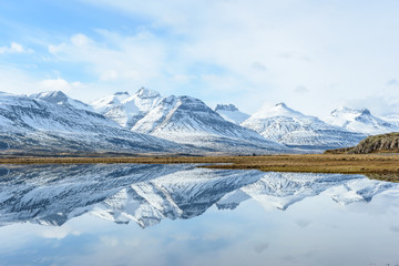 Fototapeta na wymiar Amazing reflection of snow mountain in Iceland
