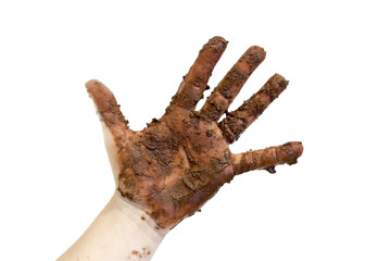 Whie caucasion hand covered in chocolate or mud