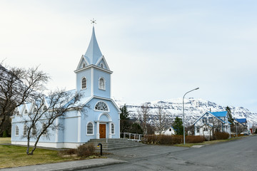 Little blue church at Seydisfjordur, east Iceland.