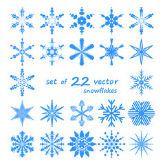 A set of 22 vector blue snowflakes on a white background