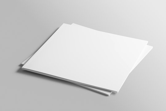 Blank square photorealistic brochure mockup on light grey background. 