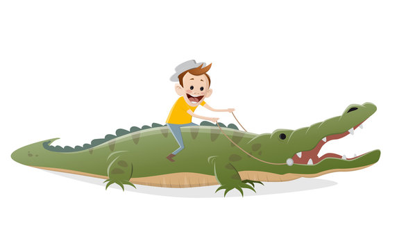 funny boy riding on a crocodile