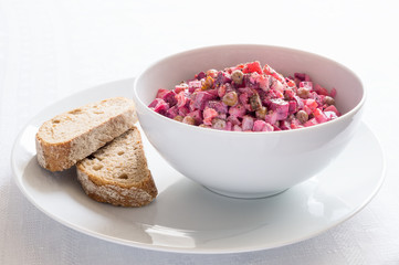 root vegs salad with pea, apple, onion, and pickled cucumber dressed with mayonnaise