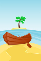 Summer time boat vacation nature tropical beach landscape of paradise island holidays lagoon vector illustration.