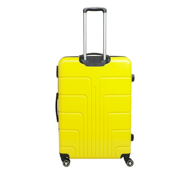 Yellow suitcase isolated on white background. Polycarbonate suitcase isolated on white. Yellow suitcase.