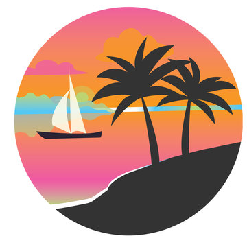 Black silhouette of a palm tree in a circle at sunset. Flat vector icon for design works. Icon with a tropical island