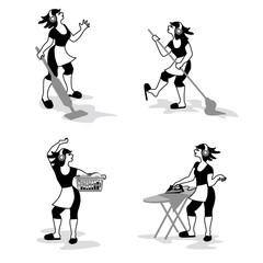 Characters set of happy housewife listening to music and dancing during she washes, irons, vacuums, cleans. Vector illustration in a flat style.