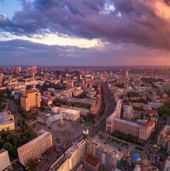 A view from the air to the central street of Kiev - Khreshchatyk, the European Square, Independence Square, Stalin and modern architecture. Ukraine