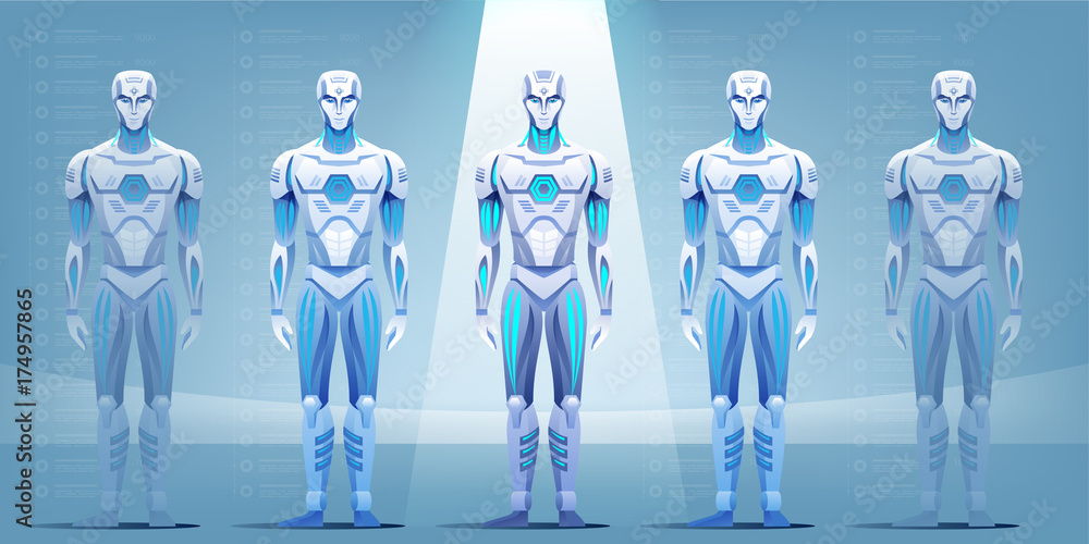 Poster robot assembly line producing cyborg in factory.
