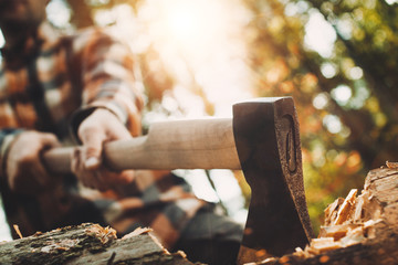 Strong lumberjack in plaid shirt holding ax in his hands and chopping tree in forest. Axe close up....