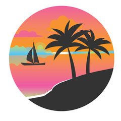 Black silhouette of a palm tree in a circle at sunset. Flat vector icon for design works. Icon with a tropical island - 174958662