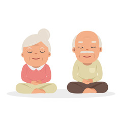 grandparents doing yoga exercise. Vector cartoon illustration. Yoga for grandparents.