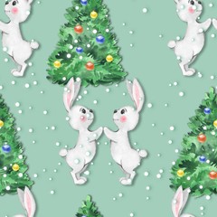 Christmas pattern. Watercolor seamless pattern with bunny
