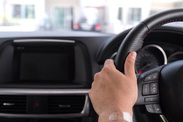 Modern car interior dashboard and steering wheel