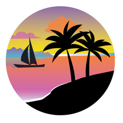 Black silhouette of a palm tree in a circle at sunset. Flat vector icon for design works. Icon with a tropical island - 174959471