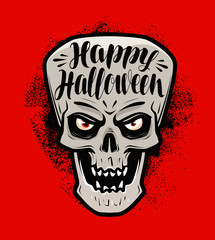 Happy Halloween, greeting card. Scary skull or monster. Lettering vector illustration