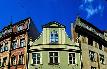 Upper floors of several houses