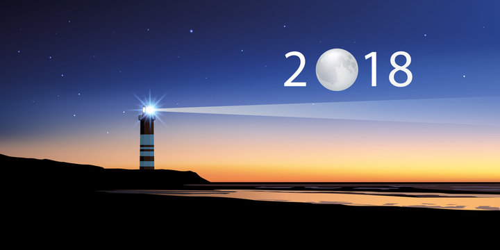 2018 - carte de vœux - direction - objectif - phare - lune - année - repère - concept