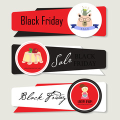 Red black banner with bear,cake and girl on Black Friday event