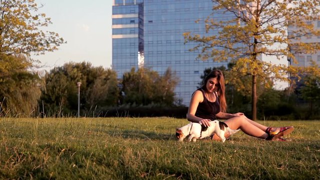 Beautiful girl sitting with a dog in the Park at sunset