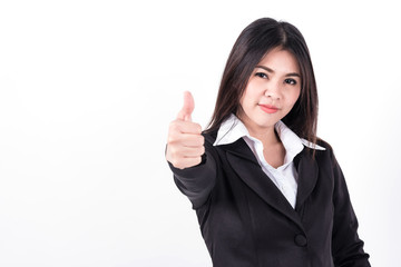 Happy success and confident Asian business woman on white background