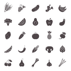 Fruit and Vegetables icon set. Vegan natural bio pictograms. Artichoke, asparagus, wheat, bananas,...