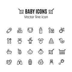 Baby care thin line icon set. Outline stroke feeding, game, bathing pictograms. Pin, car seat,...