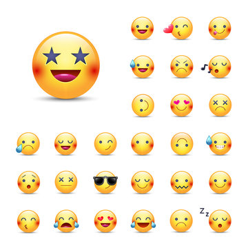 Smileys icon set. Emoticons pack. Happy, merry, singing, sleeping, ninja, crying, eyes in the form of stars, in love and other round yellow emoji face. Large collection of smiles