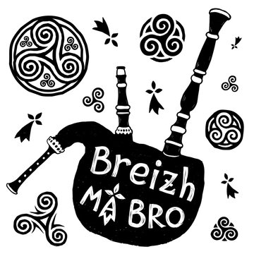 Vector Celtic symbols and biniou breton bigpipe silhouette with sign Breizh Ma Bro