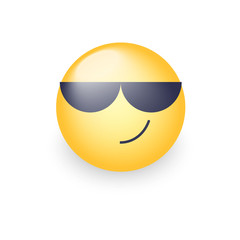 Cartoon emoticon wearing black sunglasses. Happy cute emoji. Smiley on glasses