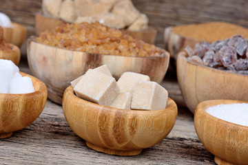 Variation sugar in a bowls on table