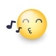 Singing smiley face. Emoji whistles a song. Cartoon emoticon with notes. Happy yellow cartoon...