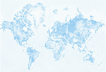 Abstract Dotted Map Blue and White Halftone grunge Effect Illustration. World map silhouettes. Continental shapes of dots. Monochrome radial circular grain background. Vector template easy to edit.