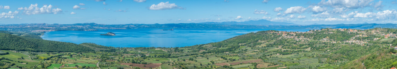 Fototapeta na wymiar Panoramic sight on the Bolsena Lake from Montefiascone, province of Viterbo, Lazio, central Italy.