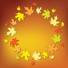 orange background with round frame -  vector colorful autumn leaves