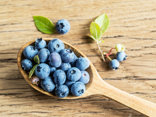 Blueberries in the wooden spoon on the table.
