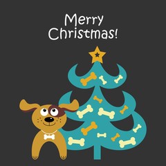 Christmas card with cartoon dog and a Christmas tree. Vector illustration