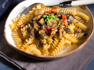 Fusilli pasta with eggplant and tomato sauce. Traditional italian dish