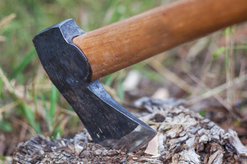 The axe in the tree. Tourist camp. Chopping wood in the forest in details
