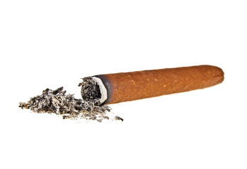 Brown cigar with ash on a white background