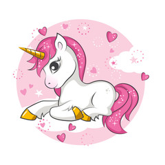Cute magical unicorn. Vector design on white background. Print for t-shirt. Romantic hand drawing illustration for children. - 174964802