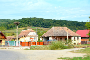 Typical rural landscape and peasant houses in Bradeni, Henndorf, Hegendorf,  Transylvania, Romania....